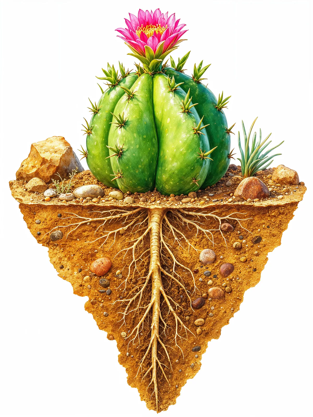 How a cactus survives with deep roots in dry soil.