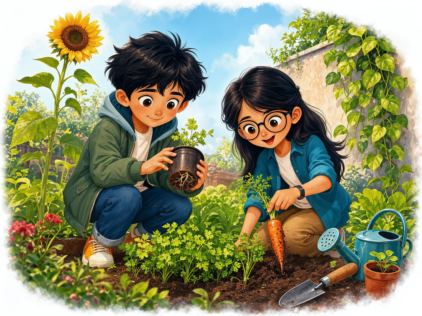 Children planting and caring for a garden.