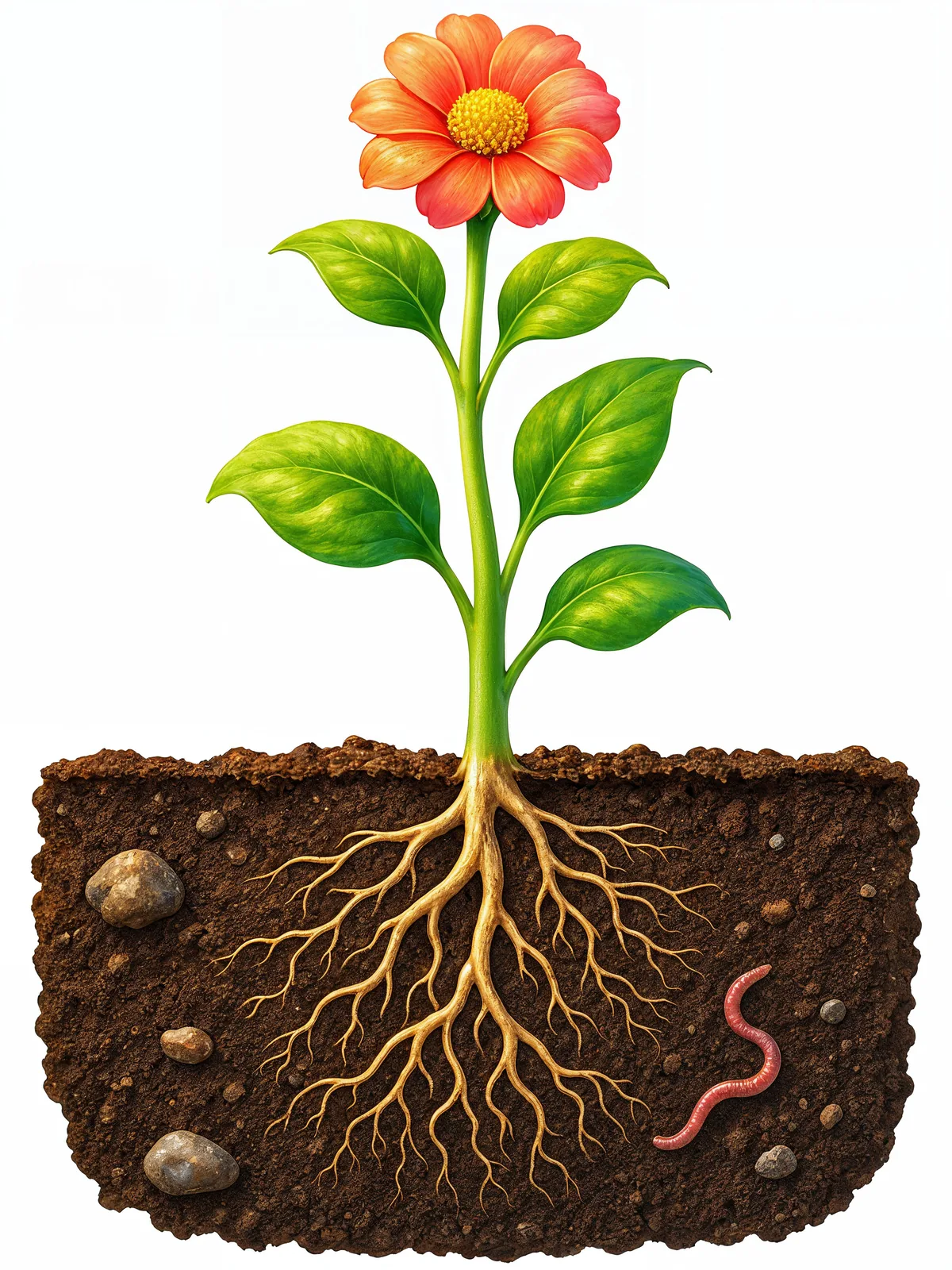 A plant above and below the ground — roots, stem and flower.