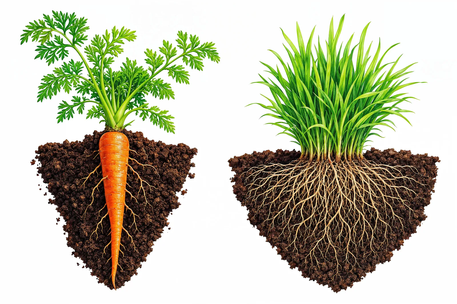 Two kinds of roots — taproot and fibrous.