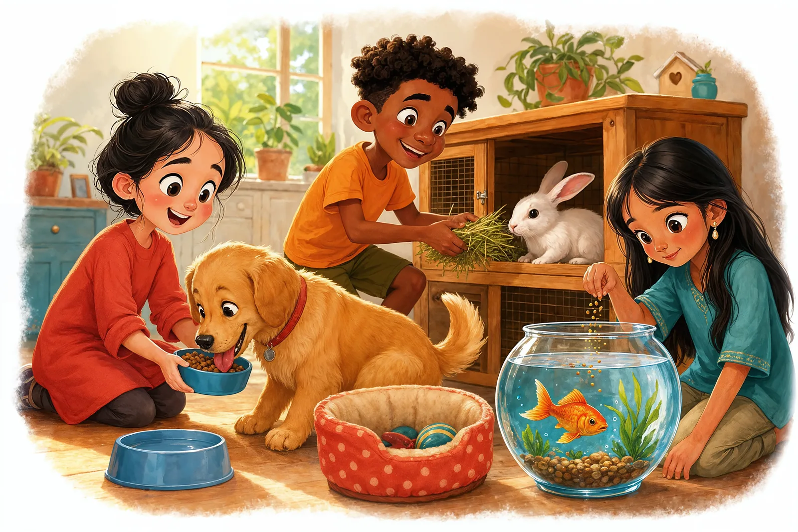 Feeding and caring for pets at home.