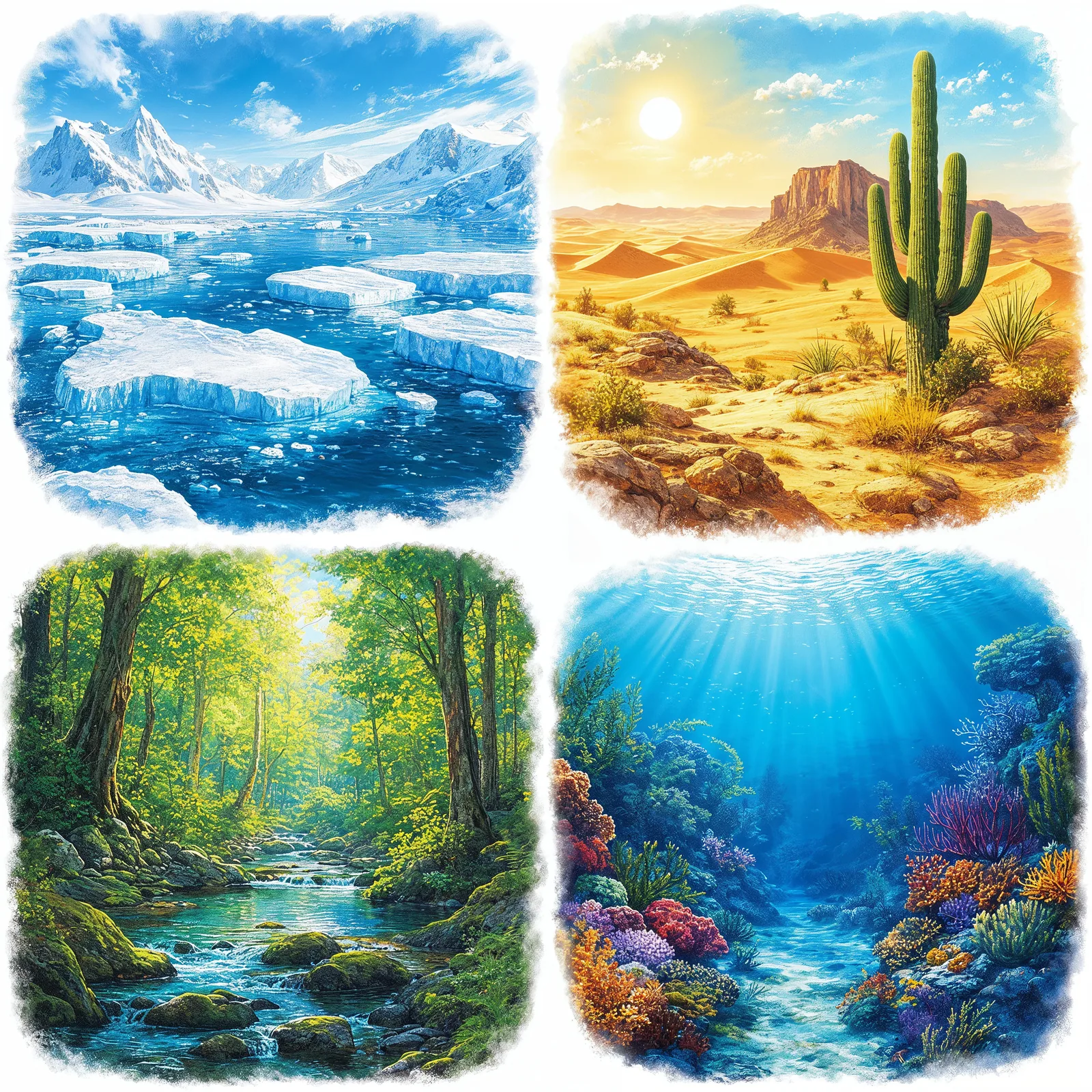 Four habitats compared — ice, desert, forest and sea.