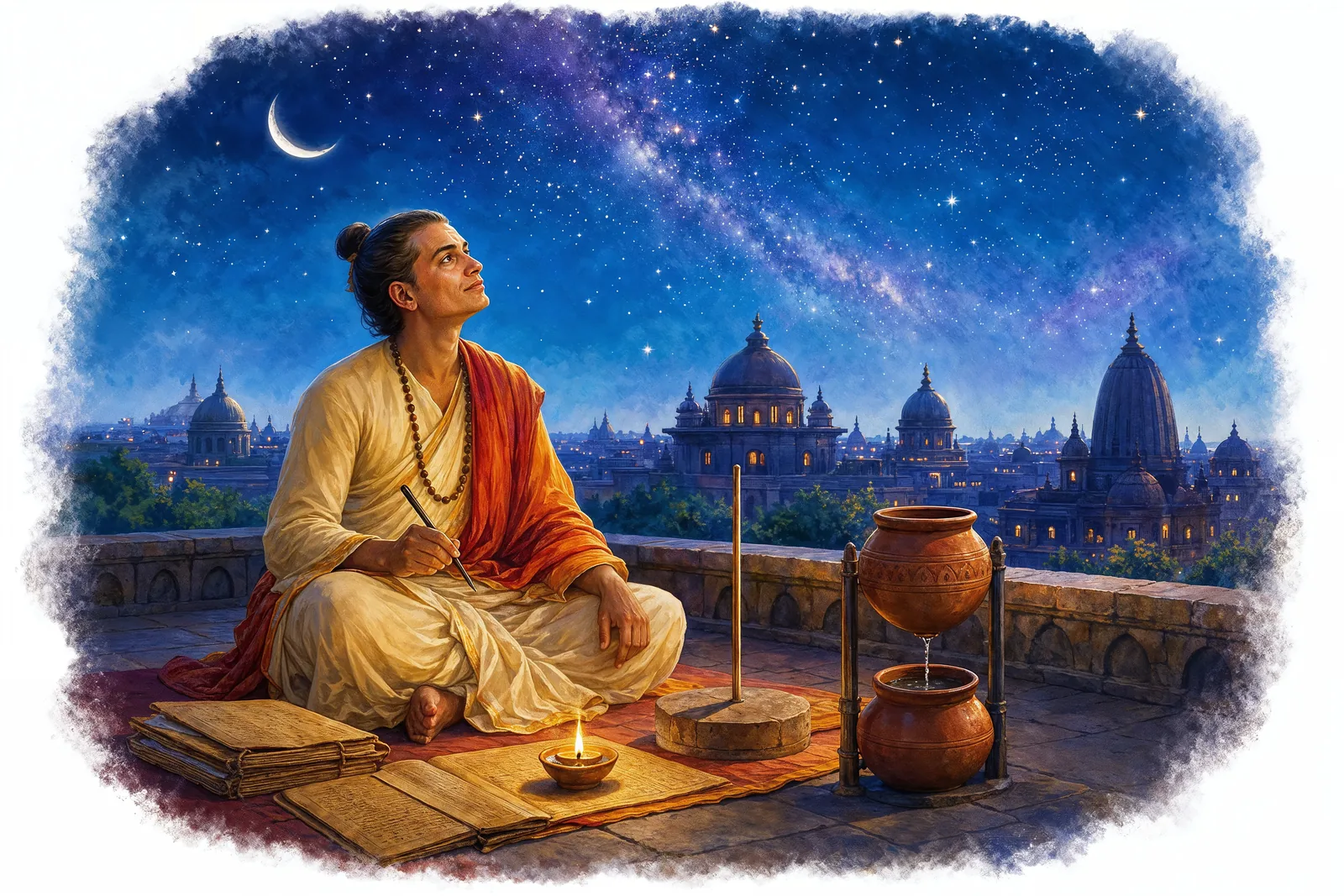 Aryabhata, the ancient Indian astronomer, studying the heavens.