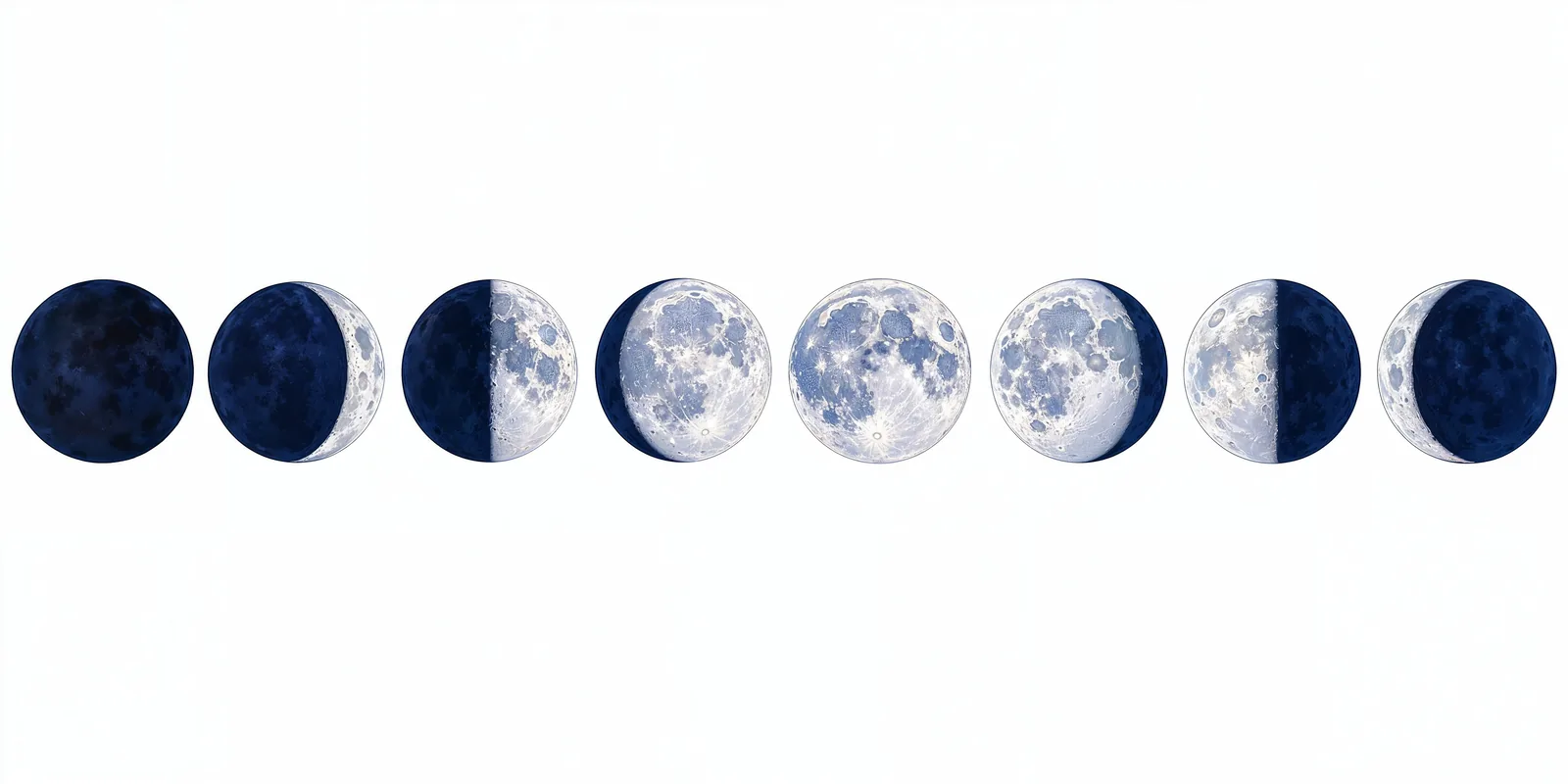 The phases of the Moon, from new to full and back.