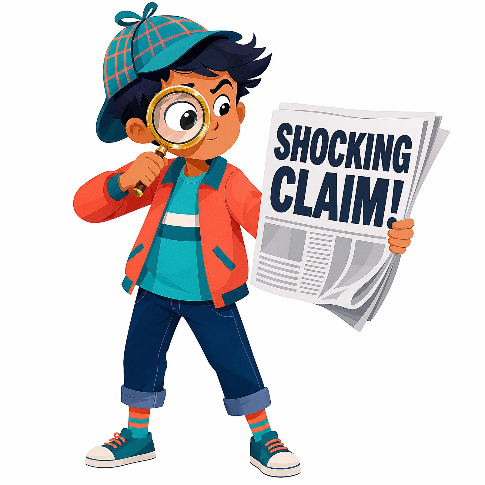 A kid-detective gathering clues — thinking like a scientist means asking questions and checking evidence.
