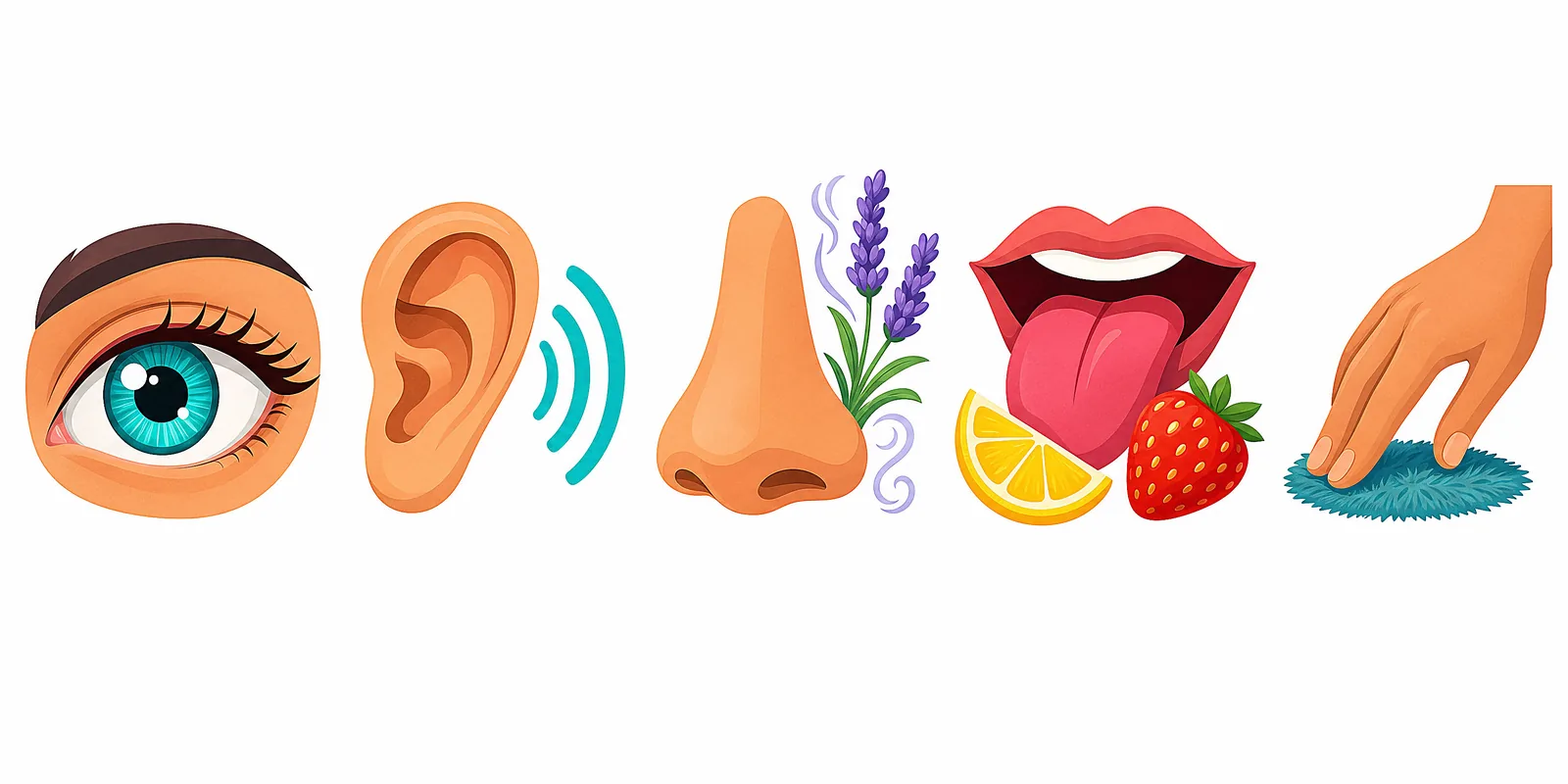 Our five senses shown as a scientist's basic tools for observing the world — eyes, ears, nose, tongue, hands.