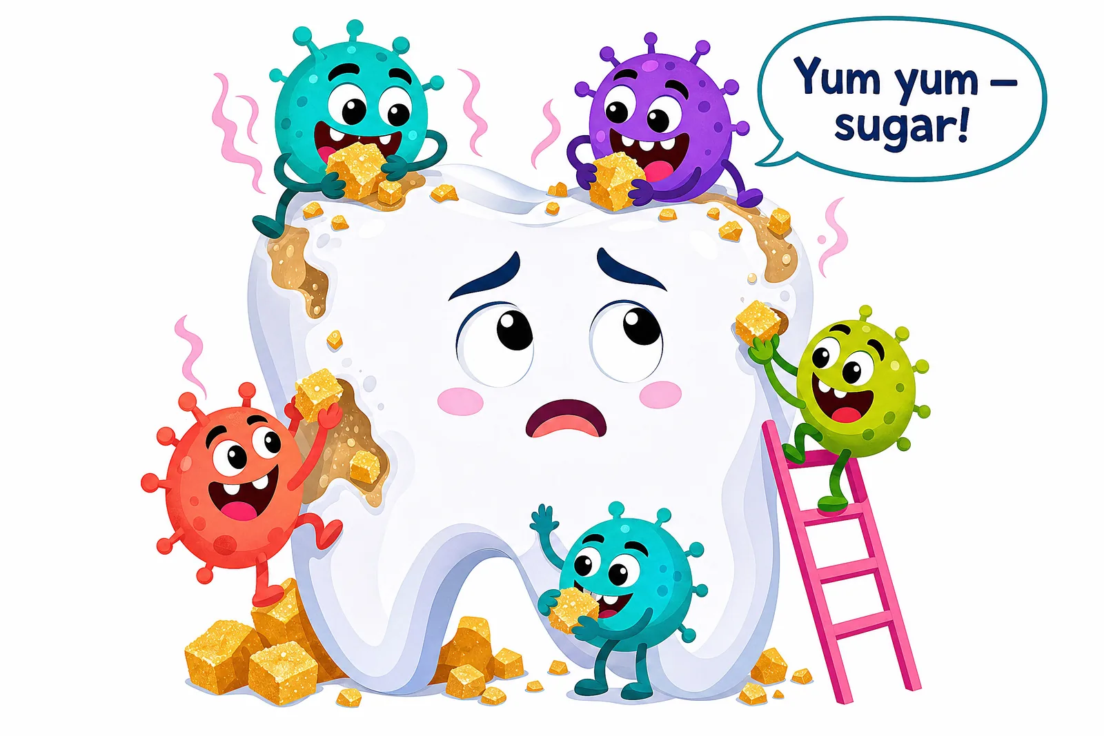 The tiny bacteria that attack teeth when sugar is left behind — the reason we brush.