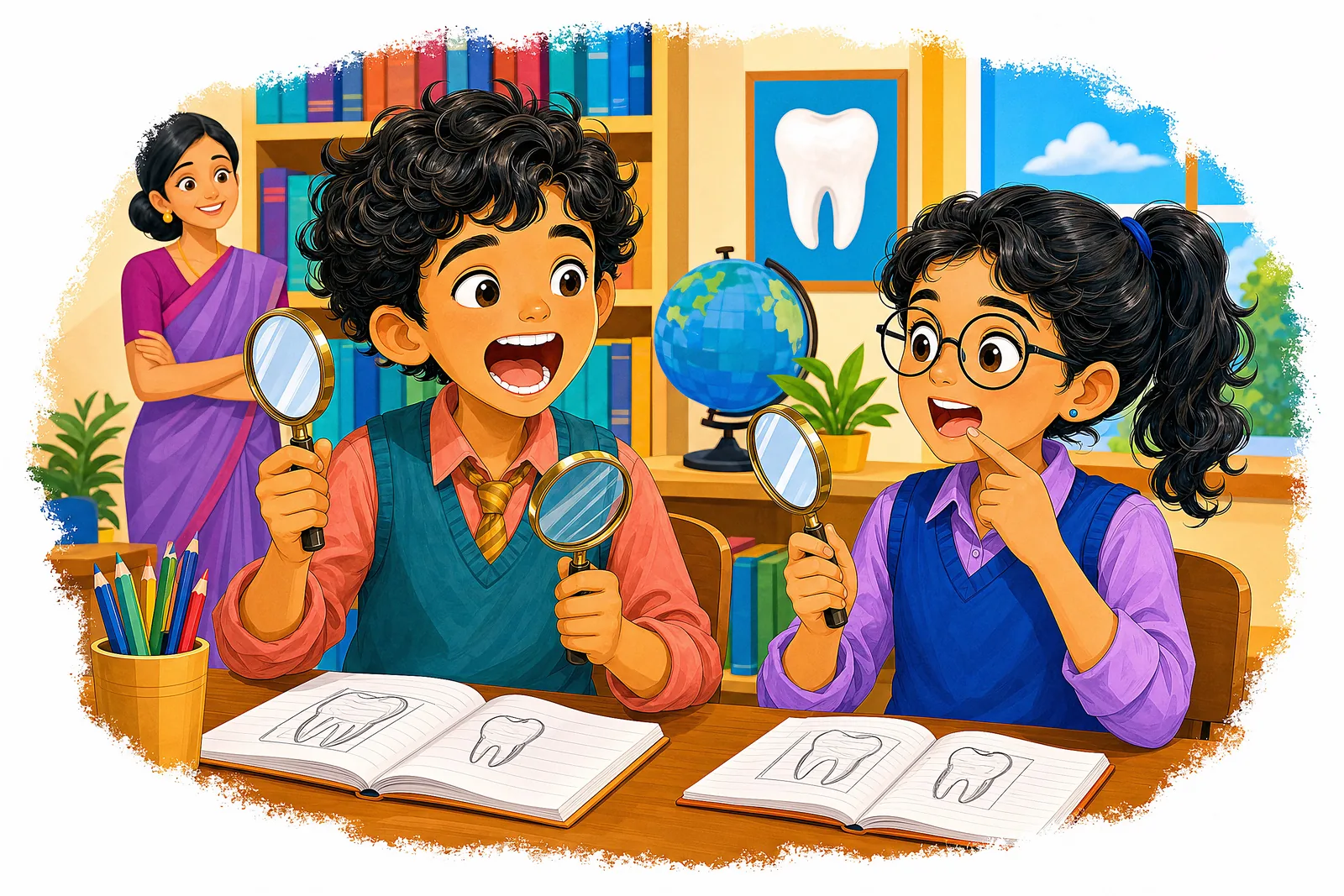 A classroom moment where the lesson about teeth begins with the students.