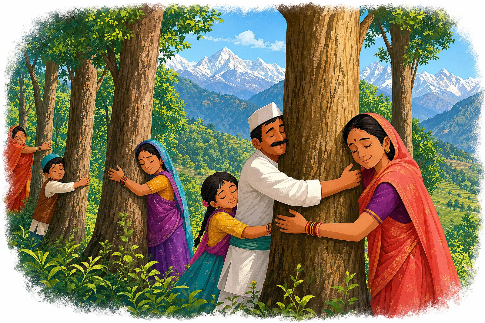 The Chipko movement — villagers hugging trees to save them, a true story of protecting nature.