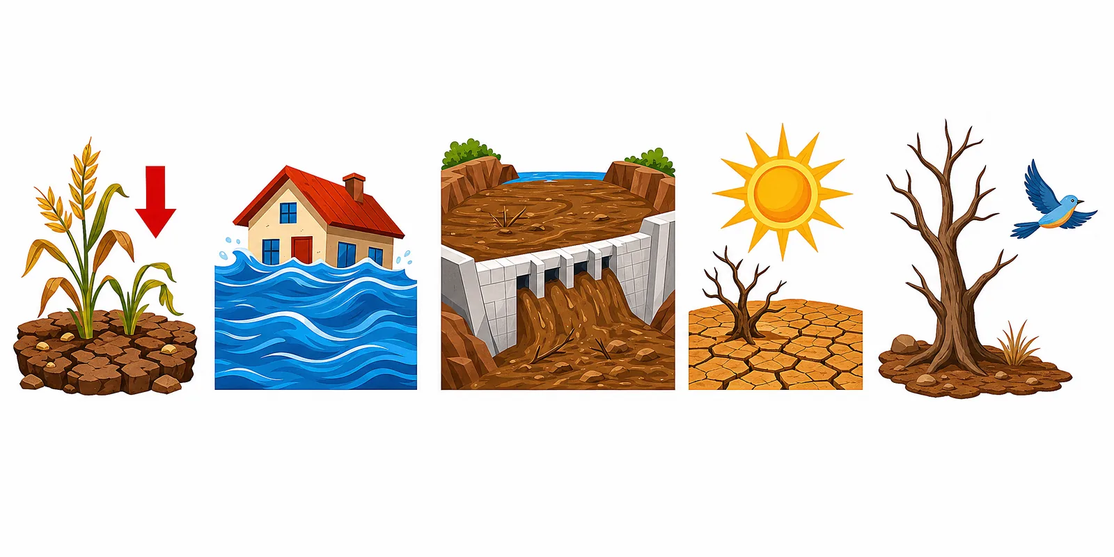 The effects of losing soil — failing crops, floods and barren land.