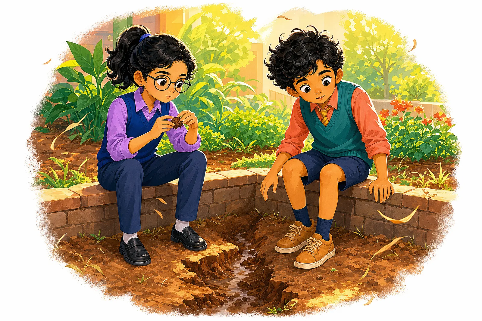 Two children exploring garden soil up close.
