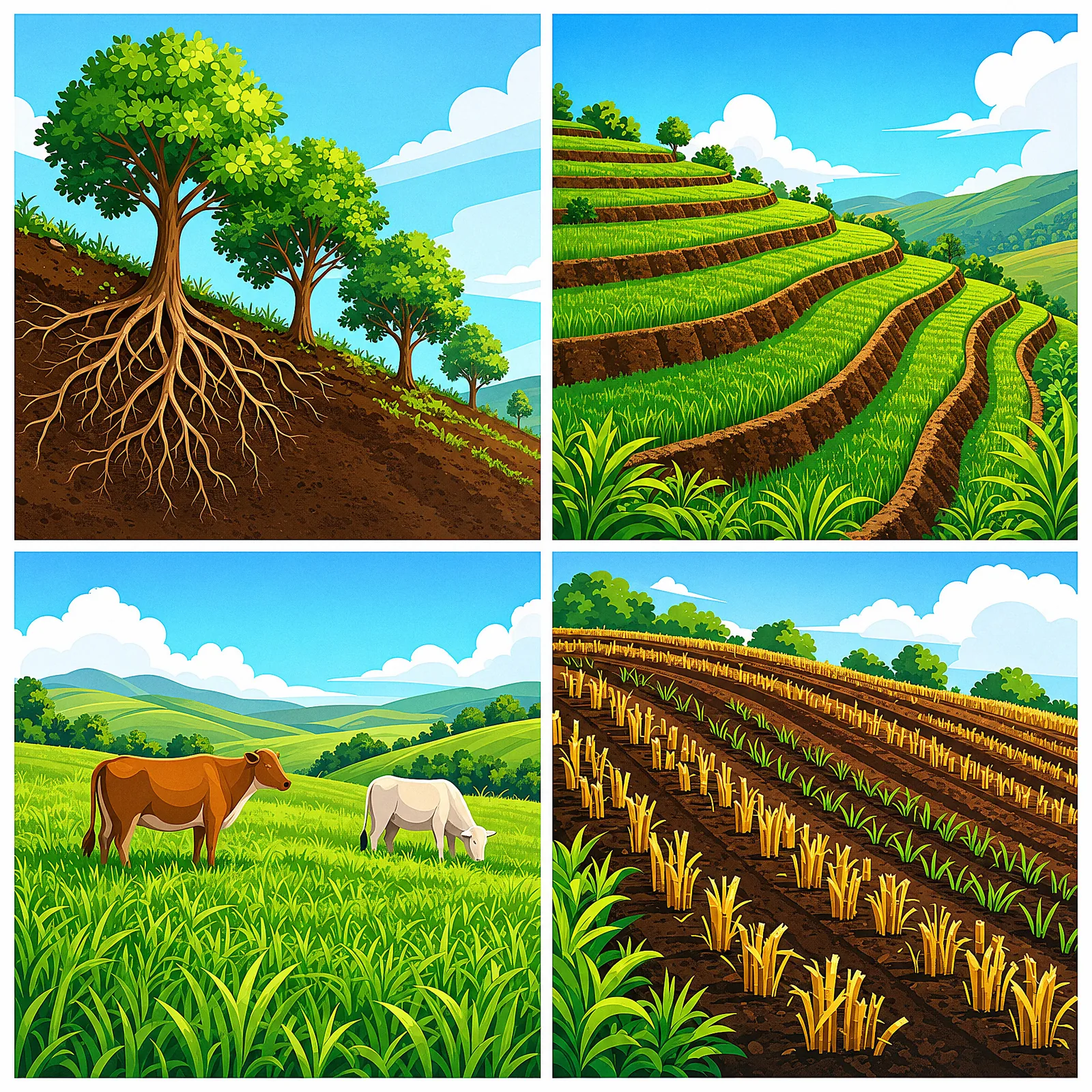 Four ways to protect soil — tree roots, terraced fields, ground cover and careful farming.