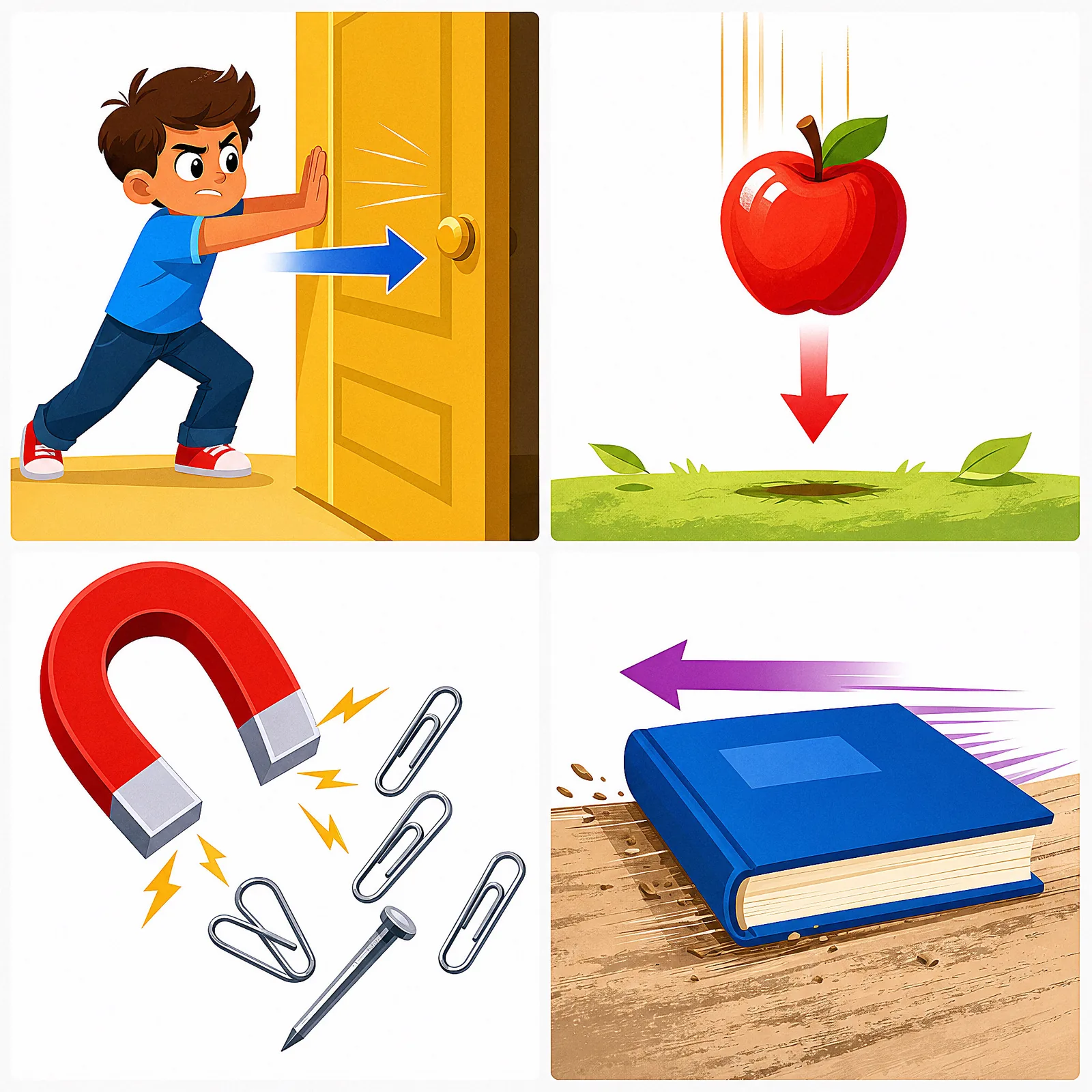 Four everyday forces — a push, a pull, gravity and magnetism — shown in action.