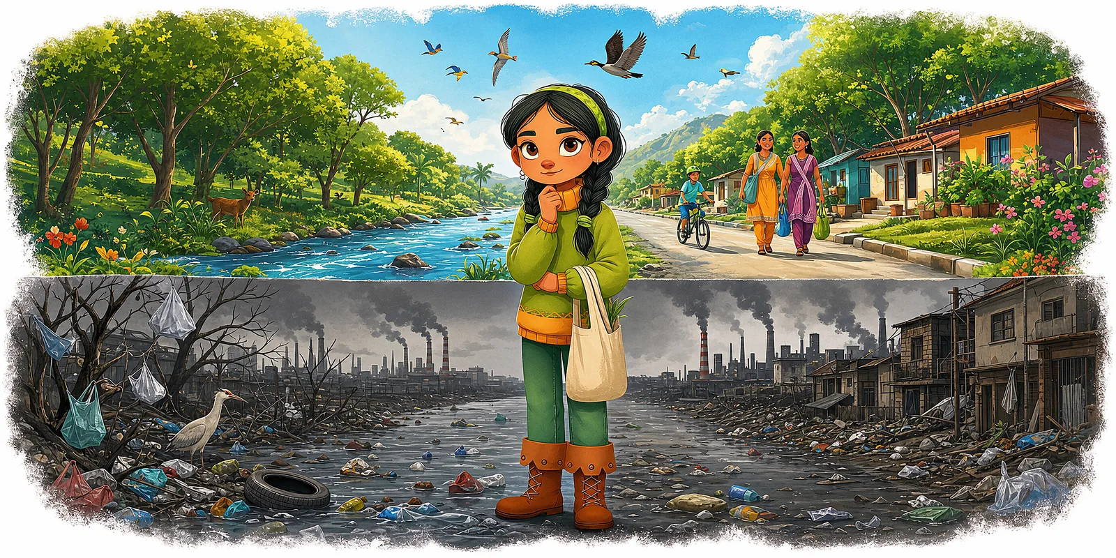 Chapter opener: a child standing between a polluted world and a green, healthy one.