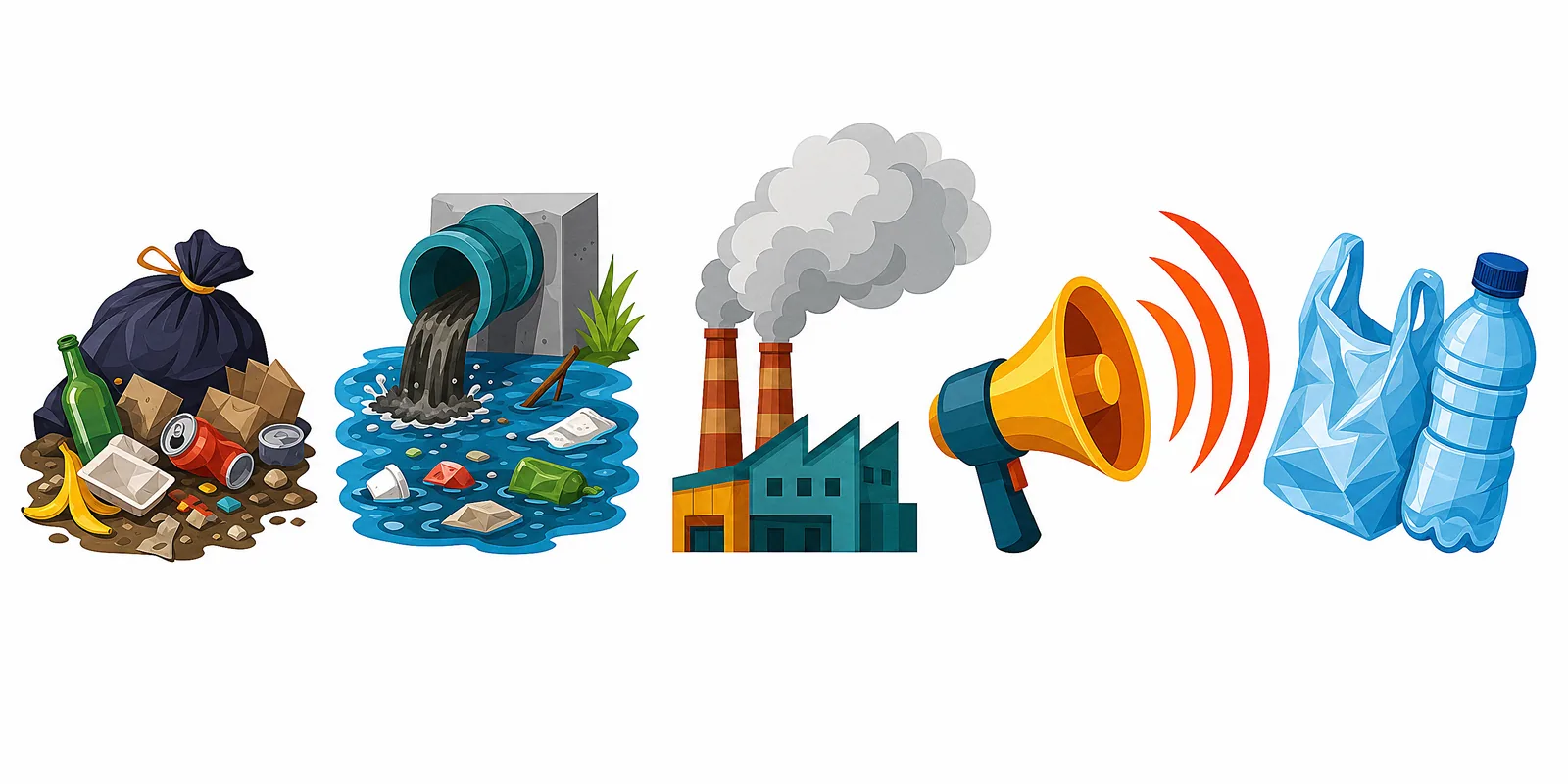 The main types of pollution harming the planet — waste, water, air and noise.