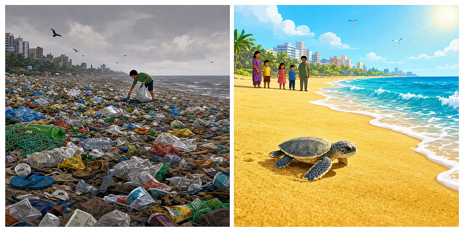The Versova beach clean-up — a real story of people turning a garbage-choked beach back into a home for turtles.