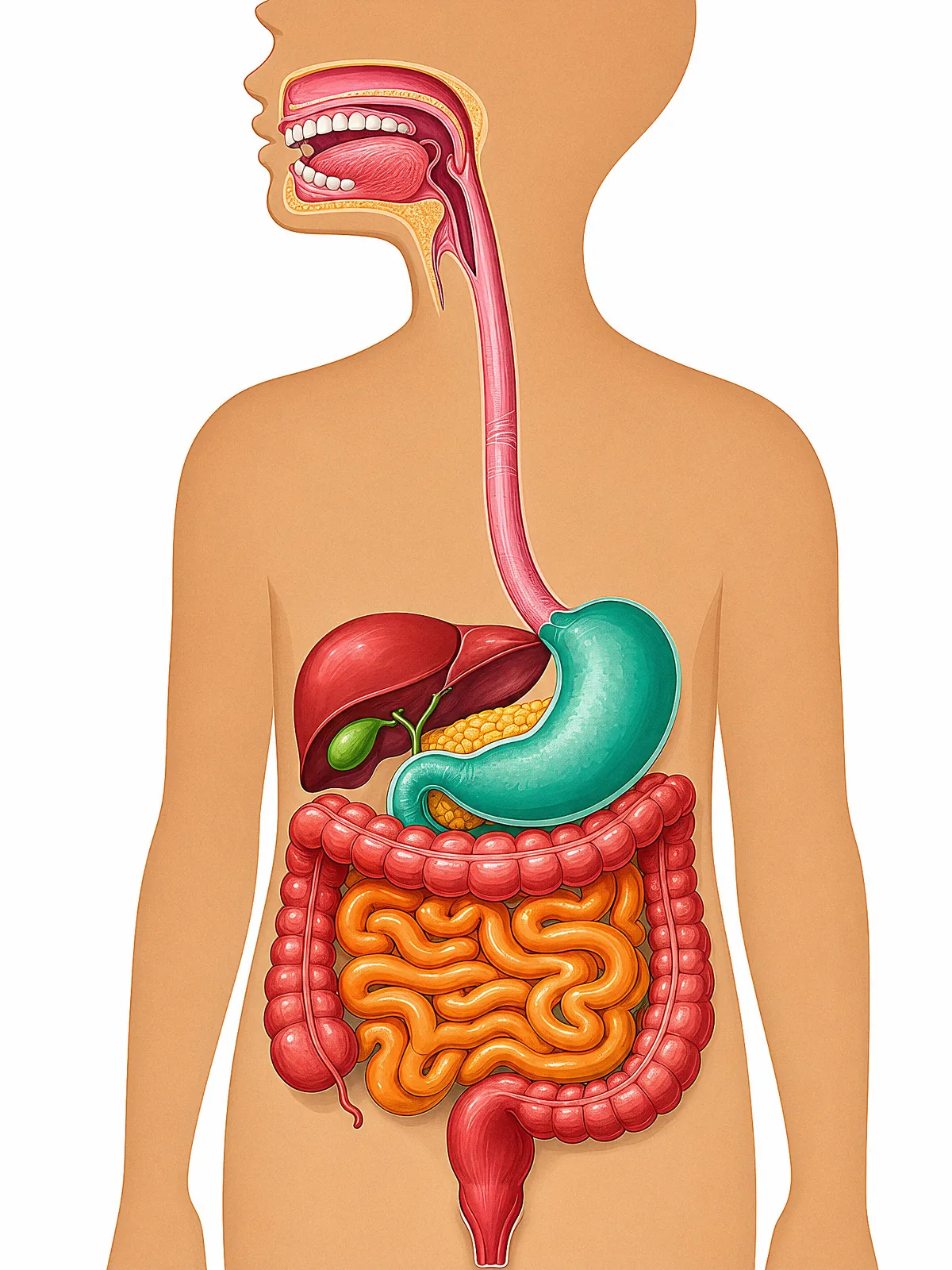 A clear map of the digestive system — the whole path food travels through the body.