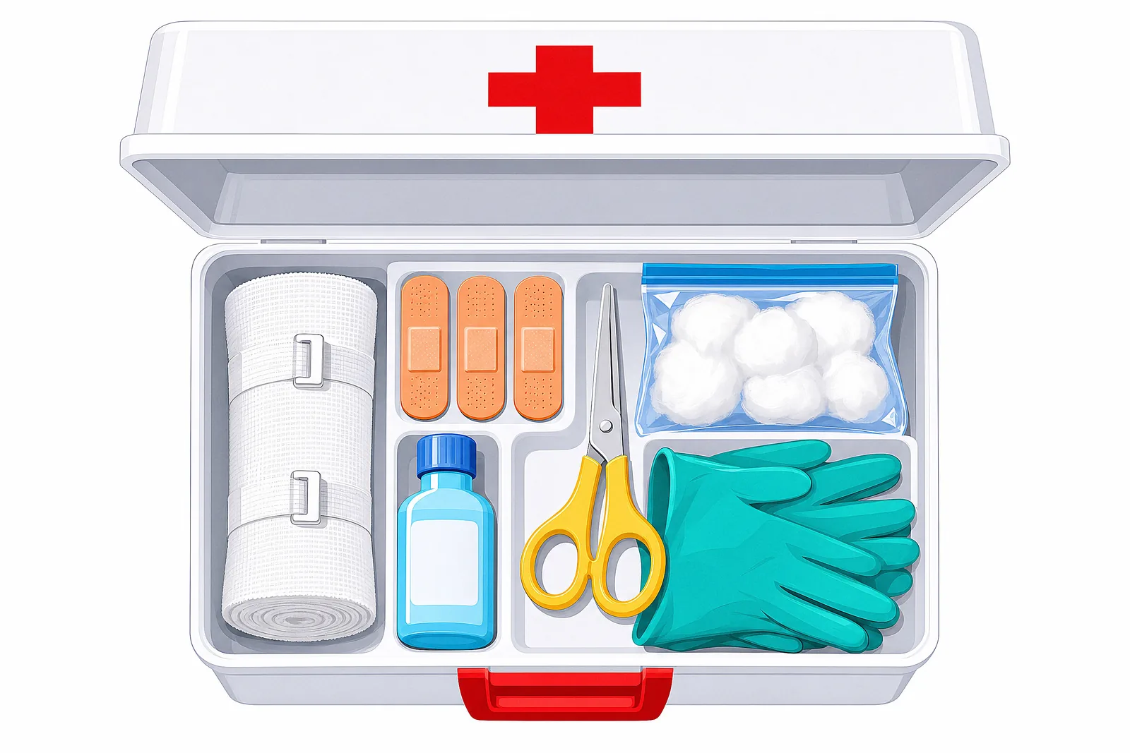 The contents of a first-aid kit, ready for small injuries.