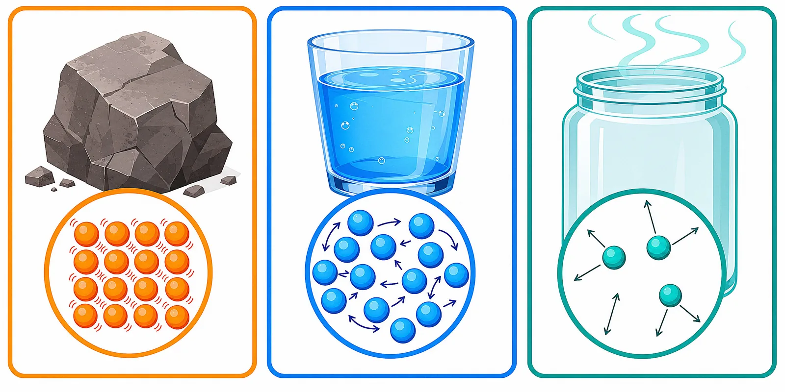 The three states of matter — solid, liquid and gas — shown side by side.