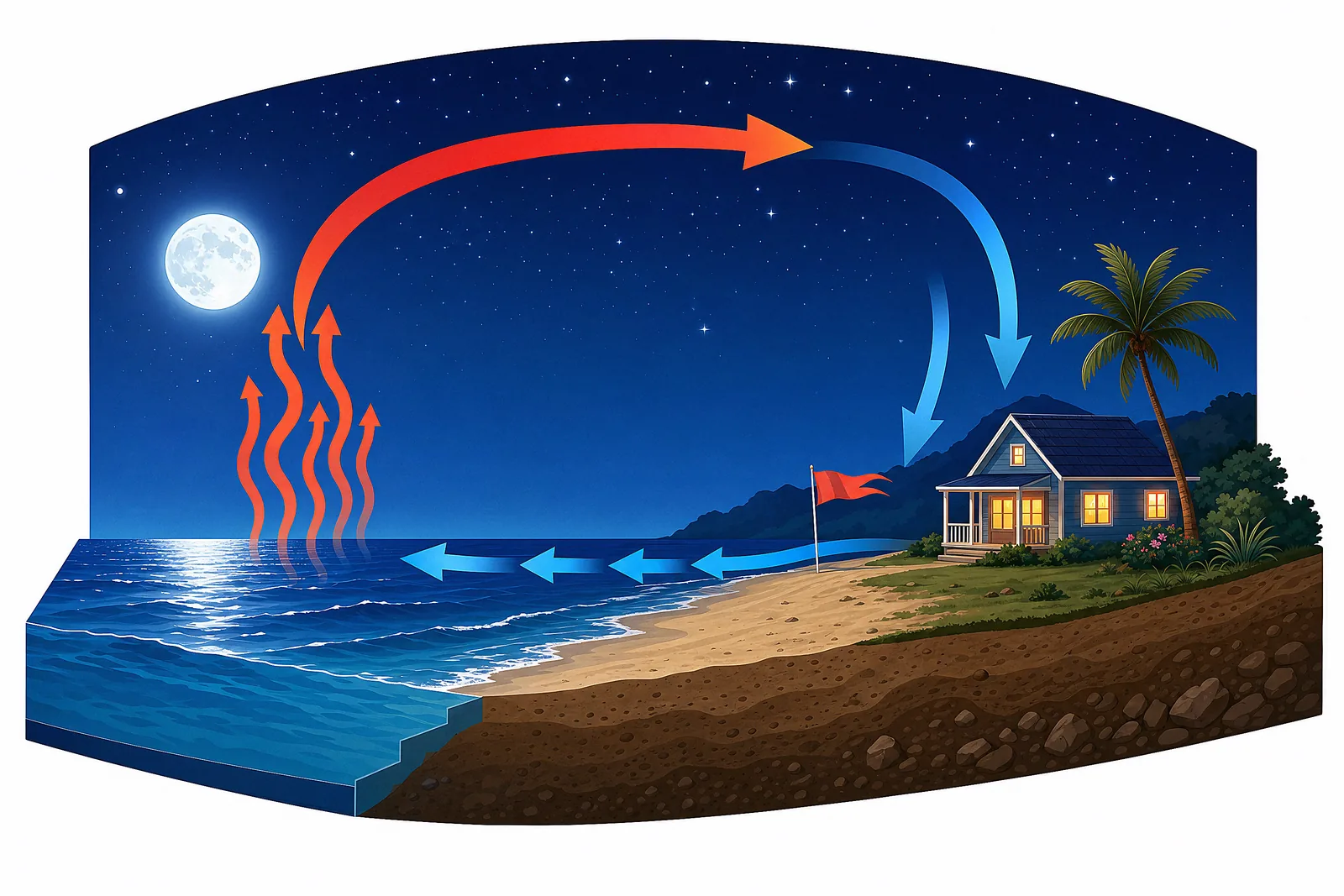 A land breeze diagram — how the same air flow reverses at night.