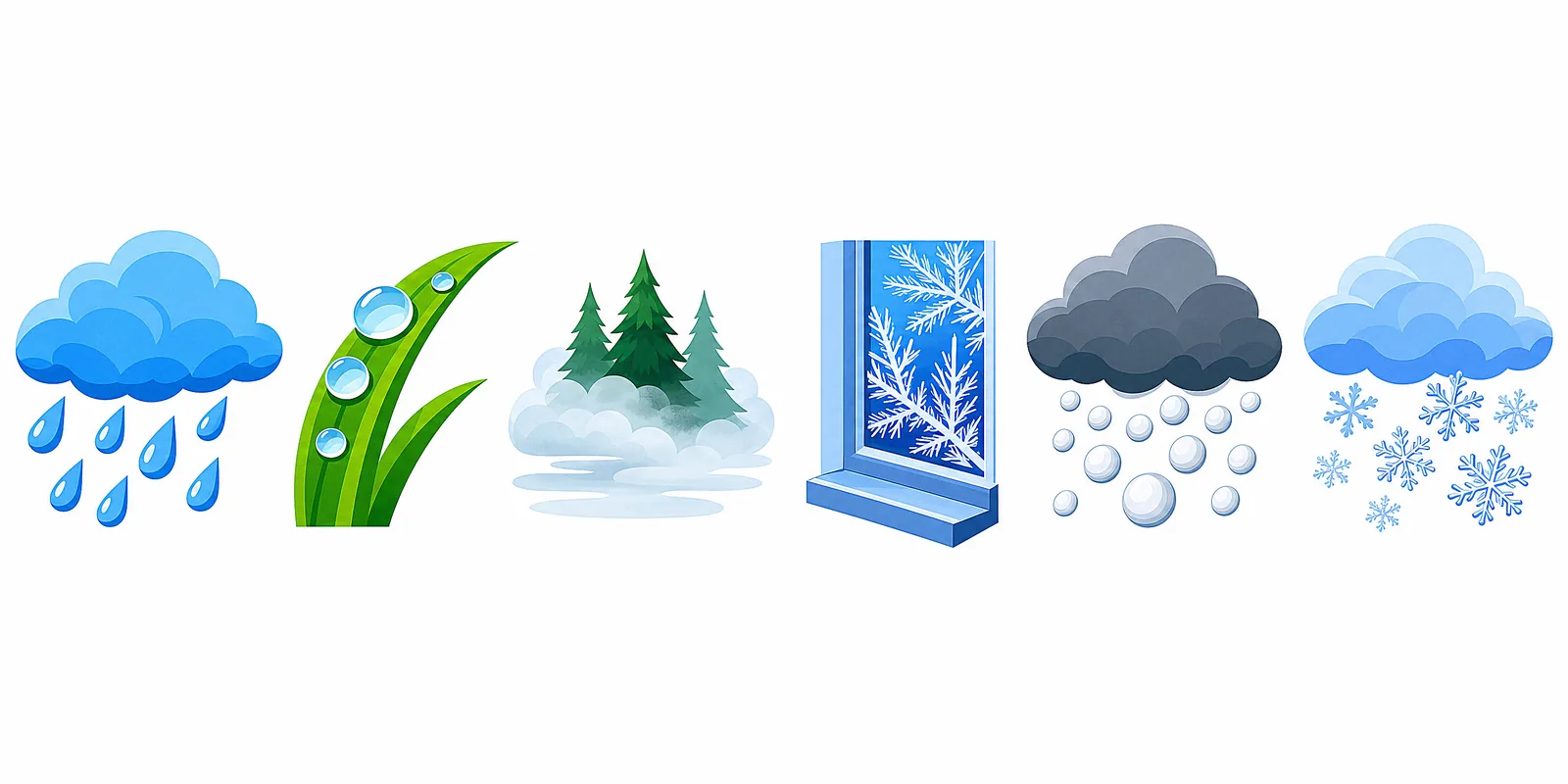 The different forms rain can take — drizzle, downpour, hail and snow.