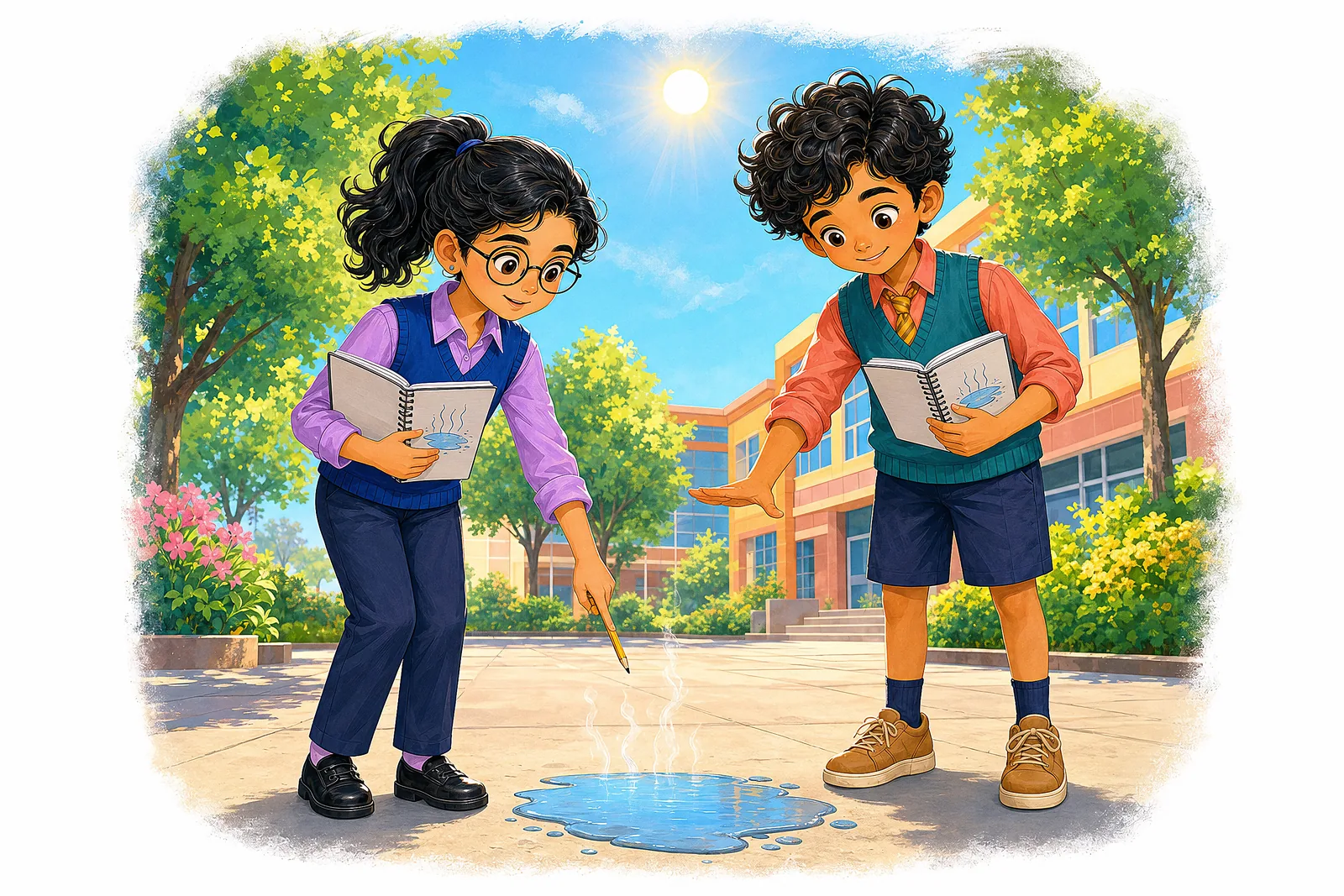A puddle slowly disappearing in the sun — the first clue about evaporation.
