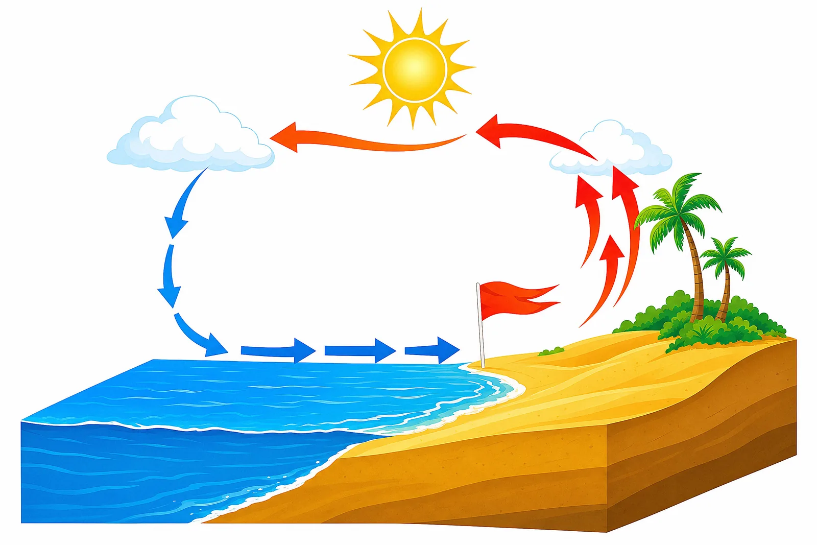 A sea breeze diagram — how air moves from sea to land during the day.