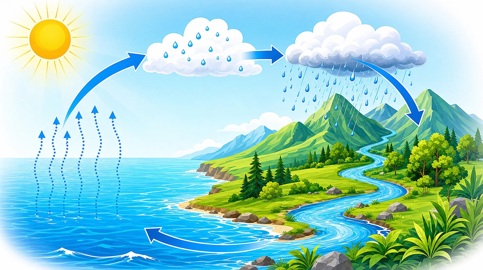 The full water cycle — evaporation, clouds, rain and the water returning to the sea. A hero diagram of the chapter.