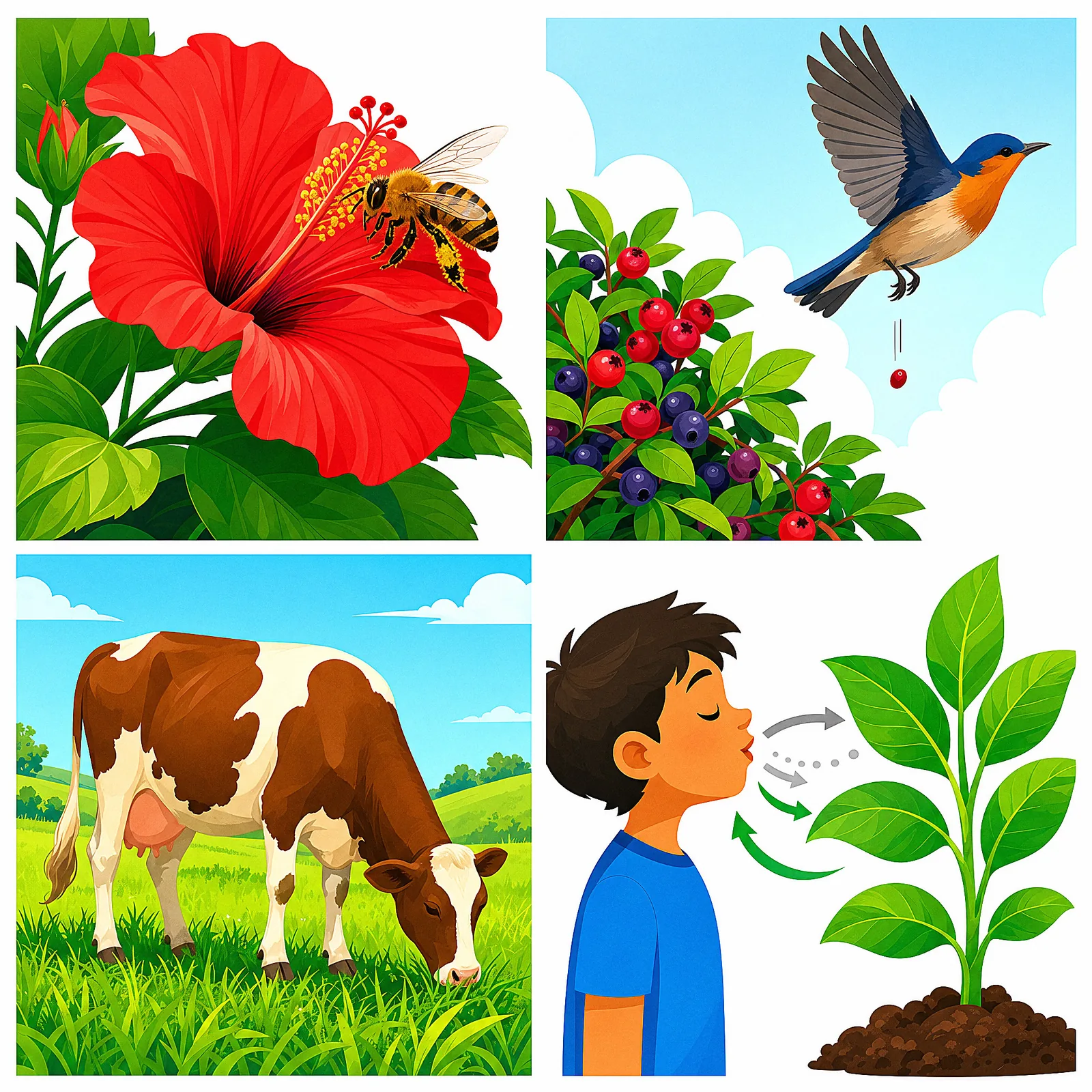 How plants and animals depend on each other to survive.