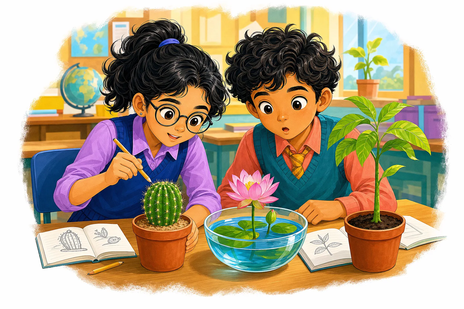A classroom scene introducing plant habitats.