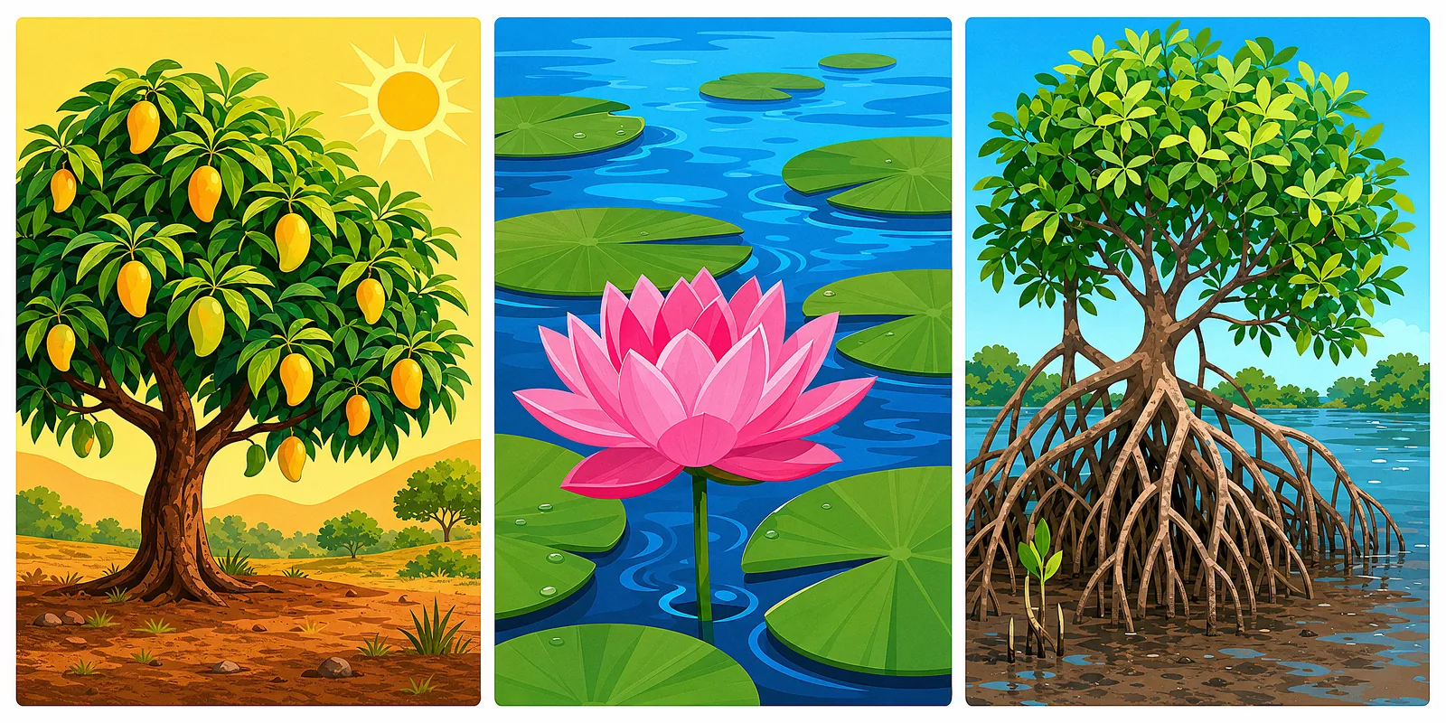 Three very different plant homes — desert, water and land — side by side.