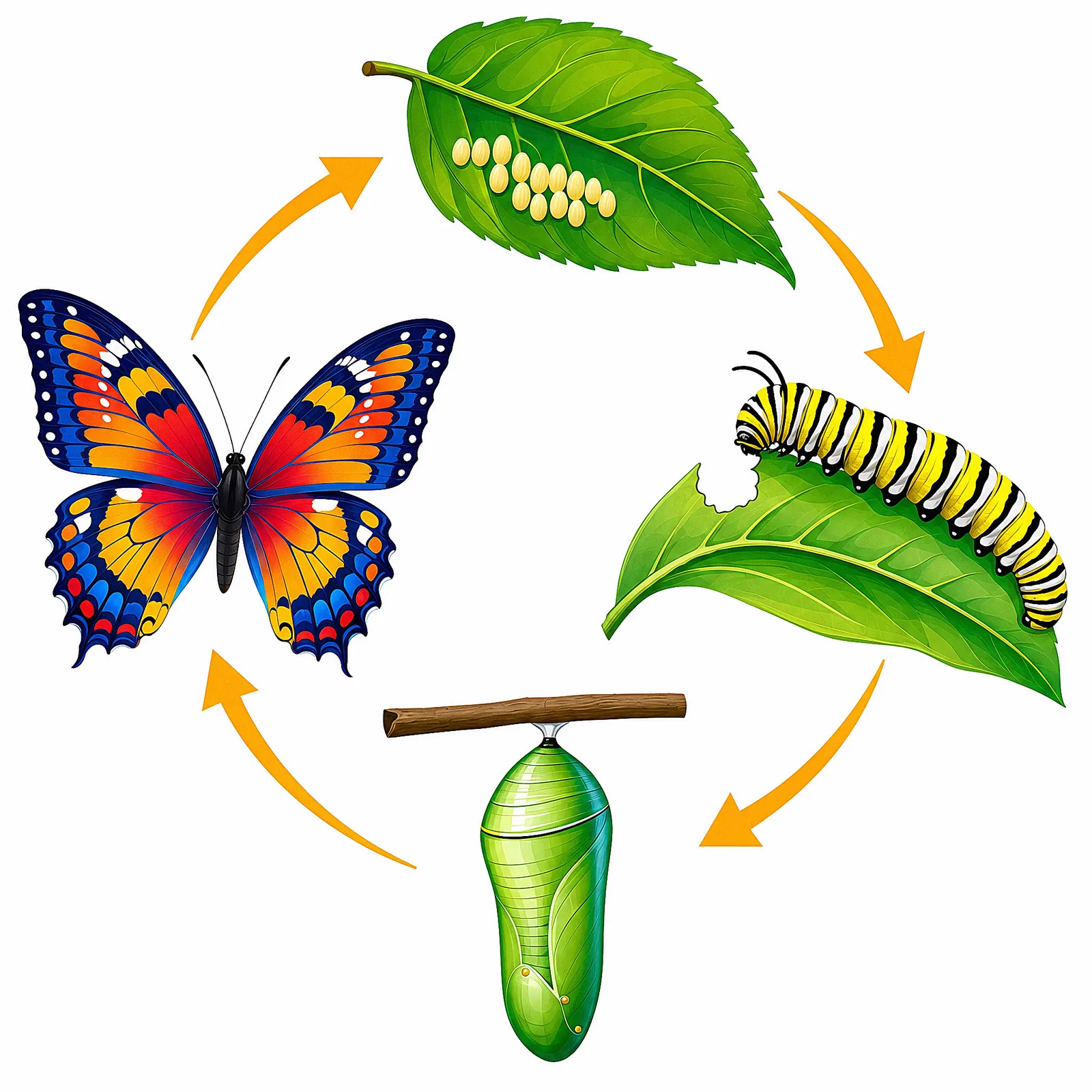 The butterfly life cycle — egg, caterpillar, chrysalis and butterfly.