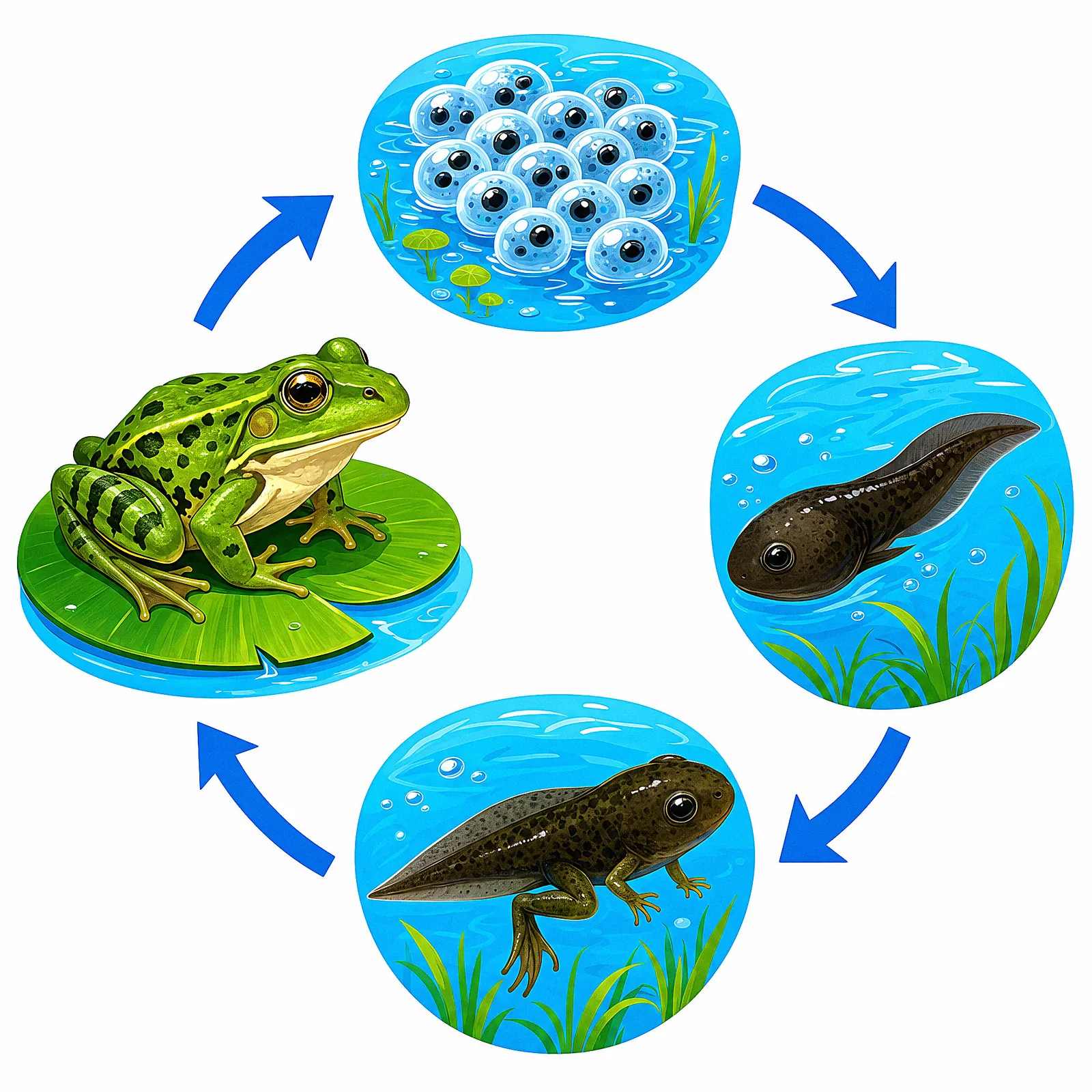 The frog life cycle — from egg to tadpole to fully-grown frog.