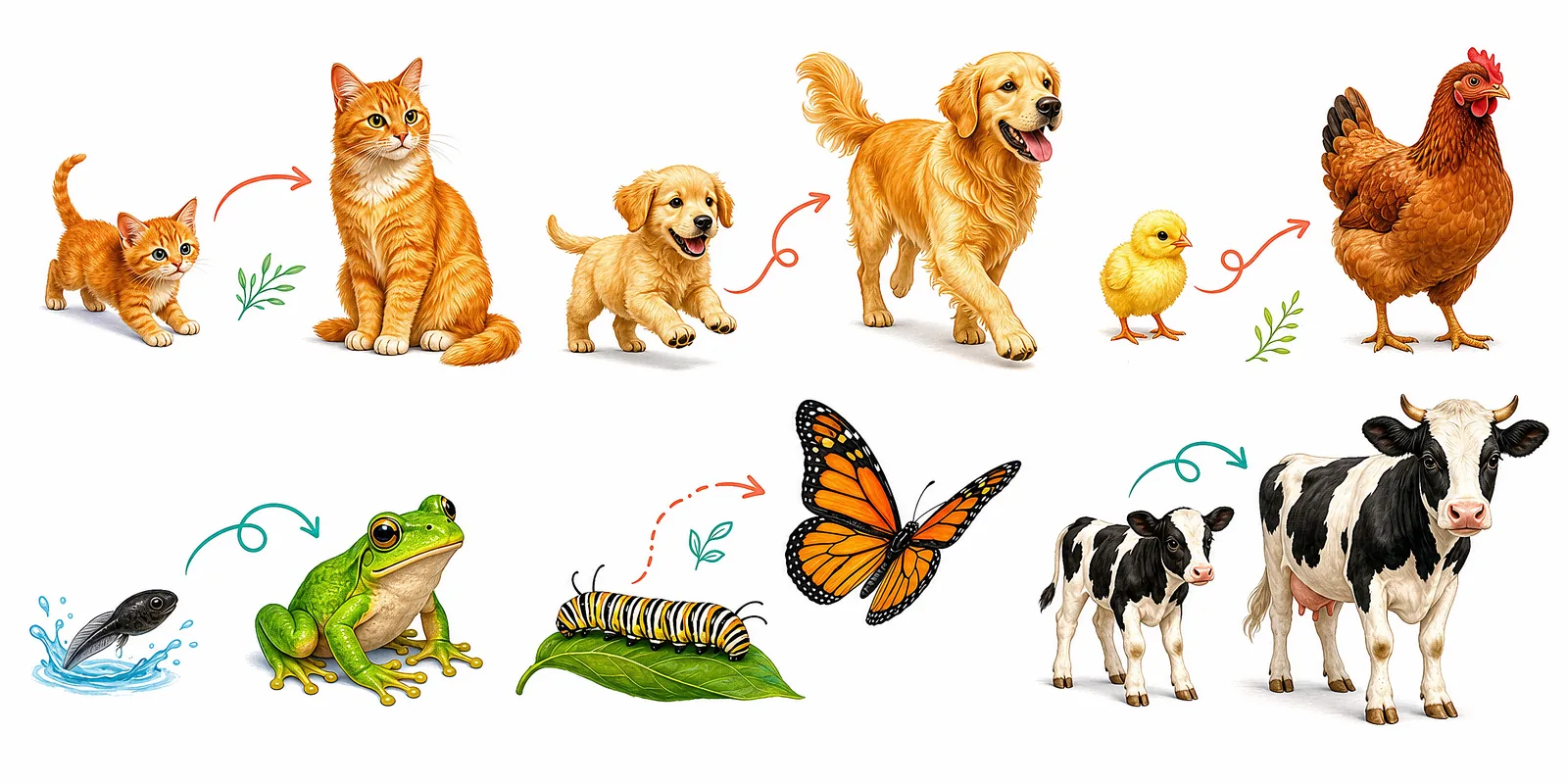 Chapter opener: baby animals growing into adults — kitten to cat, calf to cow, tadpole to frog.