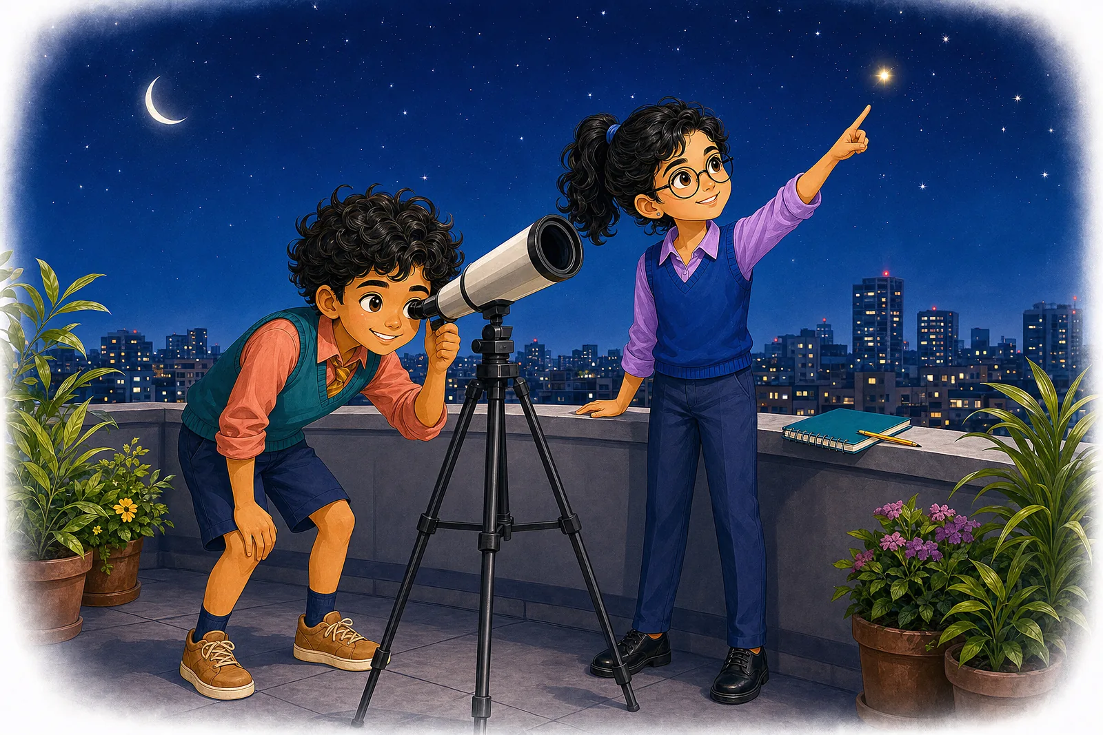 A rooftop stargazing scene with a telescope, ready to explore the sky.