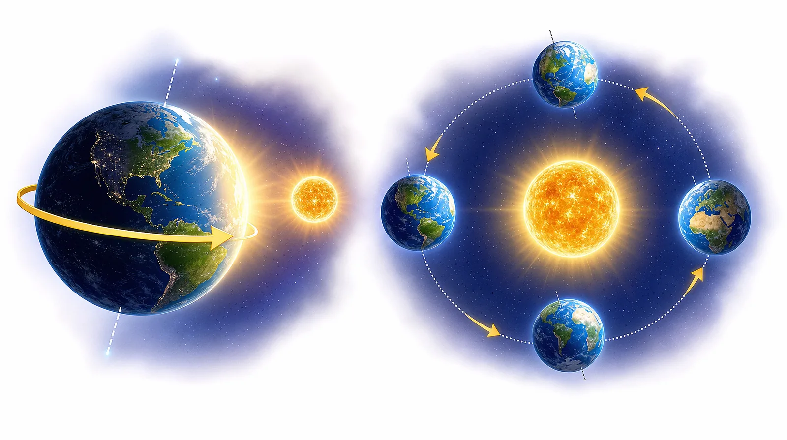 Rotation and revolution — how the Earth spins to make day and night, and circles the sun over a year.