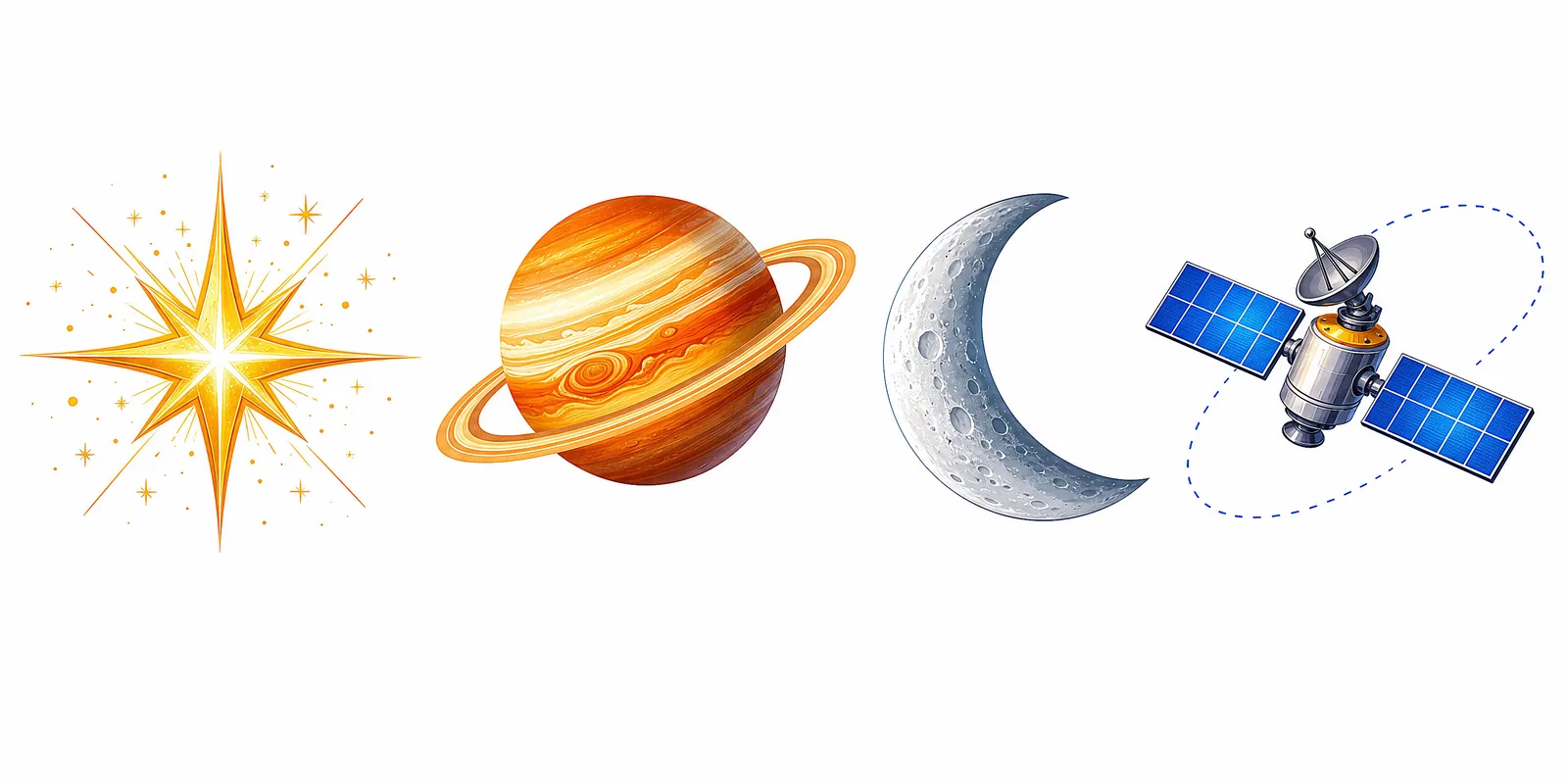 The different objects we see in the sky — stars, planets, the moon and more.