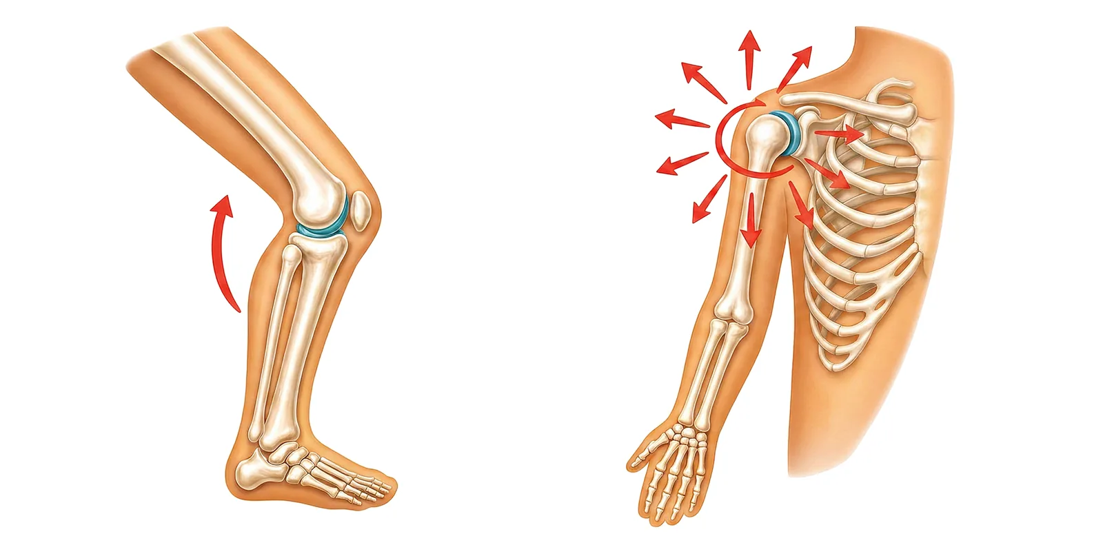 Hinge joint against ball-and-socket — two joints, two ranges of movement.