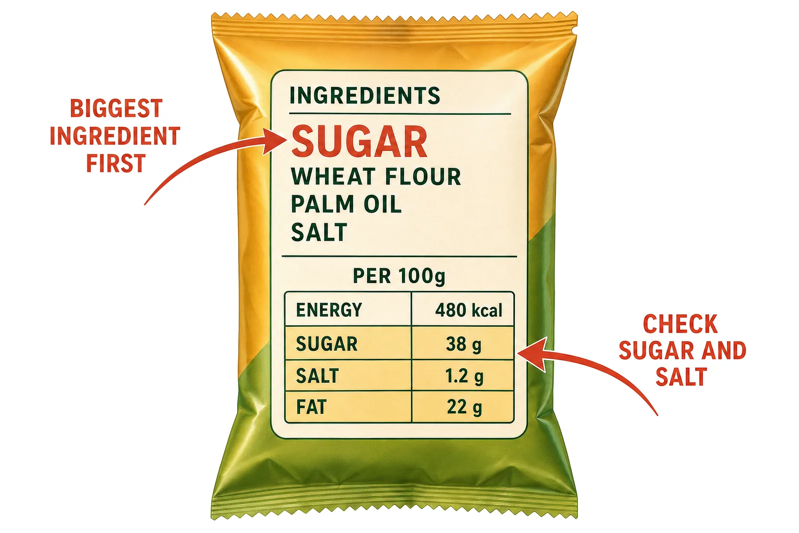 Reading a food label — what the numbers on the pack actually mean.