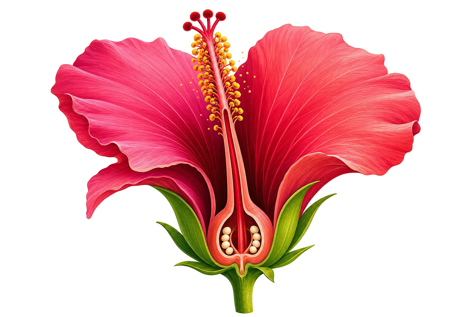 The parts of a hibiscus flower, laid out for labelling.