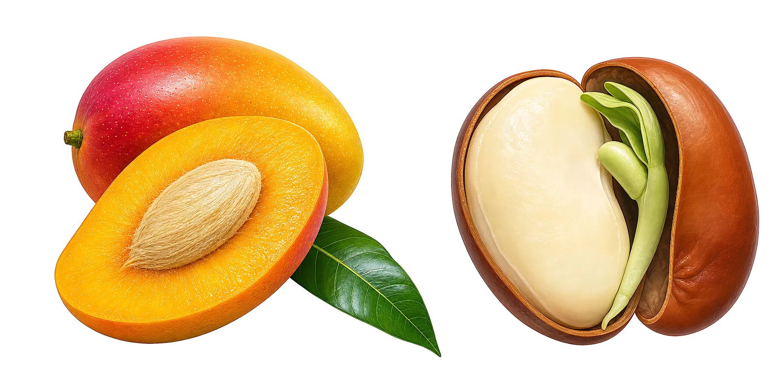 A mango and a bean seed — fruit and seed side by side.