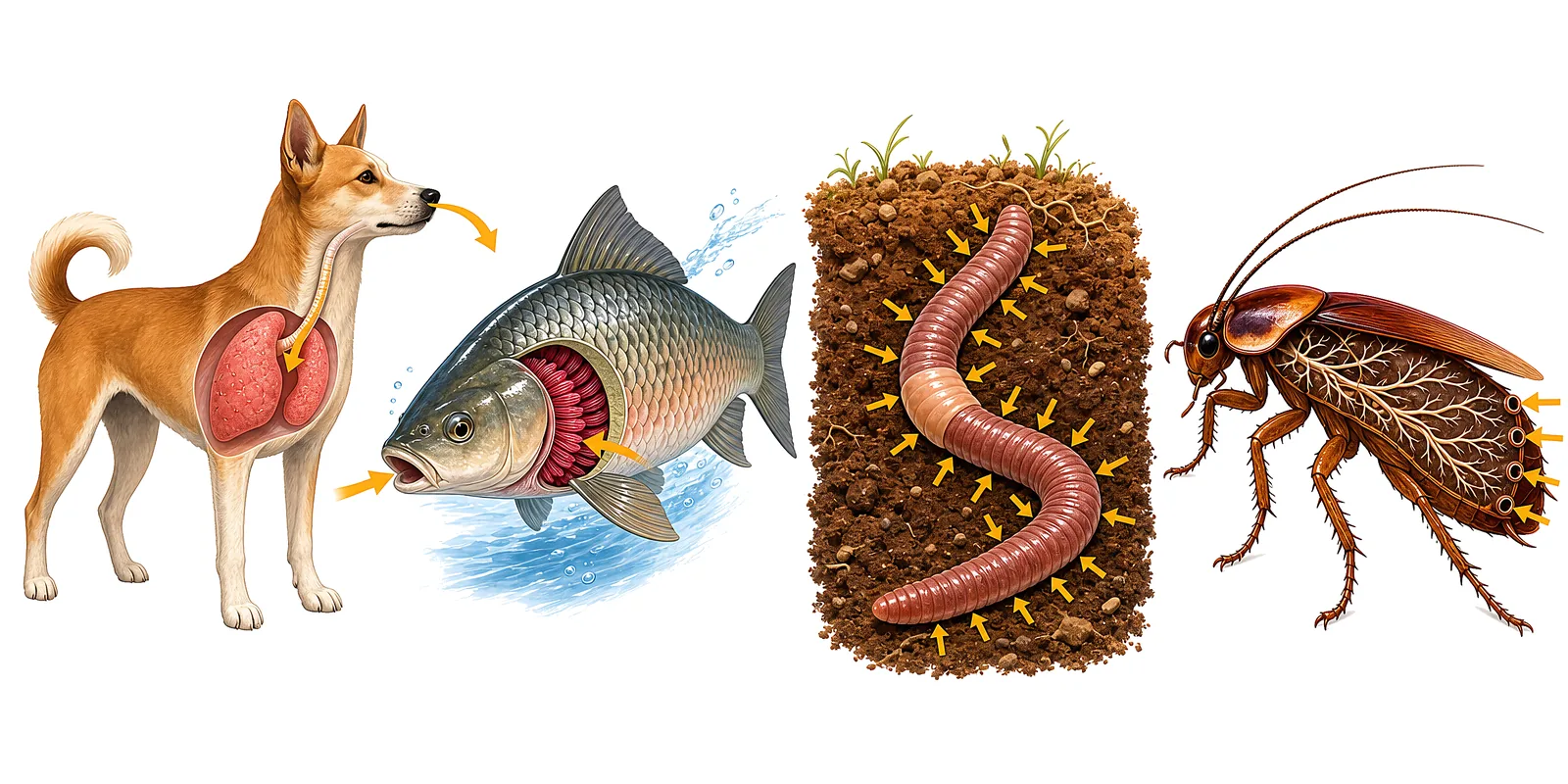 Four ways of breathing: lungs, gills, skin and air tubes.