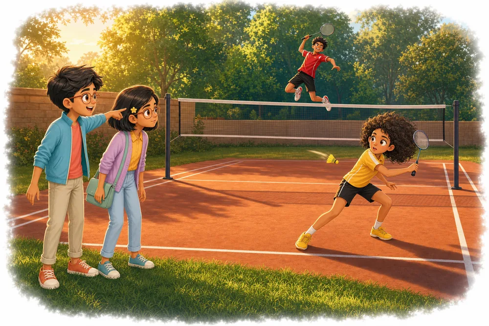 c2_02_v2_choreography_wrong.png — the badminton stroke is played wrong. Right style, right characters, wrong action.